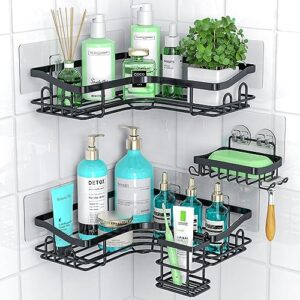 3free corner shower caddy, 4 pack strong adhesive shower organizer with soap holder and 12 hooks no drilling shower shelves, rustproof sus304 stainless steel bathroom shower shelf for inside shower
