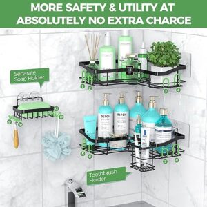 3Free Corner Shower Caddy, 4 Pack Strong Adhesive Shower Organizer with Soap Holder and 12 Hooks No Drilling Shower Shelves, Rustproof SUS304 Stainless Steel Bathroom Shower Shelf for Inside Shower