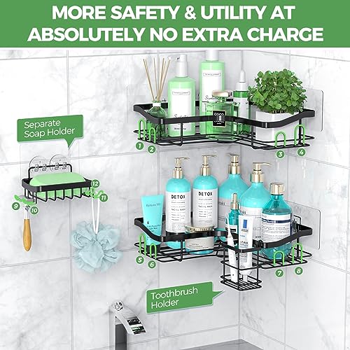 3Free Corner Shower Caddy, 4 Pack Strong Adhesive Shower Organizer with Soap Holder and 12 Hooks No Drilling Shower Shelves, Rustproof SUS304 Stainless Steel Bathroom Shower Shelf for Inside Shower