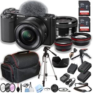sony zv-e10 mirrorless camera with 16-50mm lens 2pcs 64gb memory + case+ tripod + steady grip pod + filters + macro + 2x lens + 2x batteries + accesory bundle