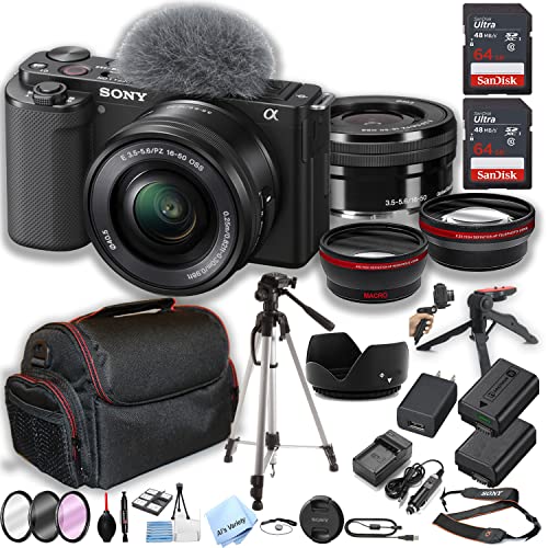 Sony ZV-E10 Mirrorless Camera with 16-50mm Lens 2pcs 64GB Memory + Case+ Tripod + Steady Grip Pod + Filters + Macro + 2X Lens + 2X Batteries + Accesory Bundle