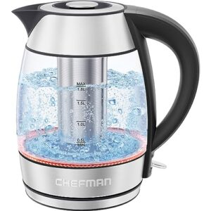 chefman glass electric kettle for boiling water, 1.8l 1500w, with tea infuser, keep warm function, auto shut off, boil-dry protection, bpa free, hot water boiler, electric tea kettle - stainless steel