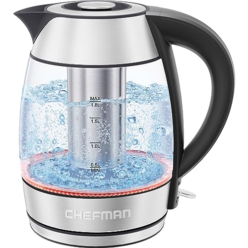 Chefman Glass Electric Kettle for Boiling Water, 1.8L 1500W, with Tea Infuser, Keep Warm Function, Auto Shut Off, Boil-Dry Protection, BPA Free, Hot Water Boiler, Electric Tea Kettle - Stainless Steel