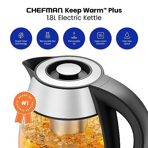 Chefman Glass Electric Kettle for Boiling Water, 1.8L 1500W, with Tea Infuser, Keep Warm Function, Auto Shut Off, Boil-Dry Protection, BPA Free, Hot Water Boiler, Electric Tea Kettle - Stainless Steel