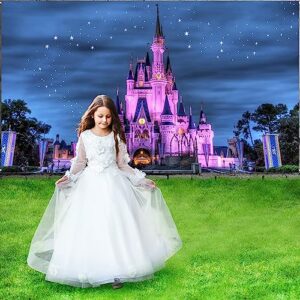 Floewrstown Princess Castle Backdrop 7x5ft Washable Polyester Beautiful Castle Night View Photography Background Cinderella Castle Backdrop Birthday Party Photo Video Shooting Props FT126