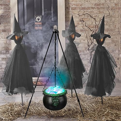 Halloween Witch Props Decorations, Halloween Party Decorations 8“ Small Witches Cauldron on Tripod with Lights & Horror Sound for Halloween Indoor Porch Outdoor Yard Decor Black Plastic Witch Cauldron