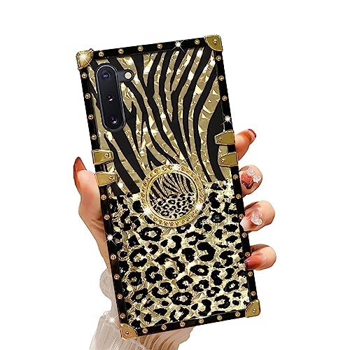 Case for Galaxy Note 10, Samsung Note 10 Phone Case with Kickstand Ring Retro Elegant Luxury Sparkle Leopard Cheetah Print Design Gold Full Protection Square Protective Phone Cover for Girls Women