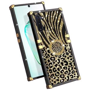 Case for Galaxy Note 10, Samsung Note 10 Phone Case with Kickstand Ring Retro Elegant Luxury Sparkle Leopard Cheetah Print Design Gold Full Protection Square Protective Phone Cover for Girls Women