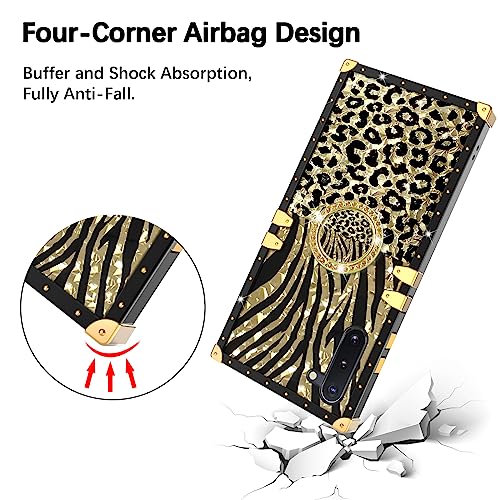 Case for Galaxy Note 10, Samsung Note 10 Phone Case with Kickstand Ring Retro Elegant Luxury Sparkle Leopard Cheetah Print Design Gold Full Protection Square Protective Phone Cover for Girls Women