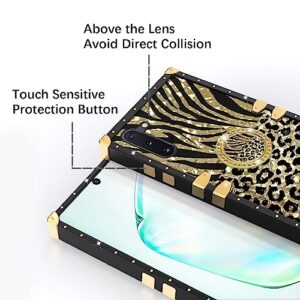 Case for Galaxy Note 10, Samsung Note 10 Phone Case with Kickstand Ring Retro Elegant Luxury Sparkle Leopard Cheetah Print Design Gold Full Protection Square Protective Phone Cover for Girls Women