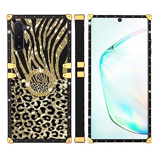 Case for Galaxy Note 10, Samsung Note 10 Phone Case with Kickstand Ring Retro Elegant Luxury Sparkle Leopard Cheetah Print Design Gold Full Protection Square Protective Phone Cover for Girls Women