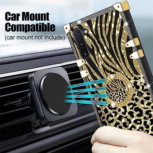 Case for Galaxy Note 10, Samsung Note 10 Phone Case with Kickstand Ring Retro Elegant Luxury Sparkle Leopard Cheetah Print Design Gold Full Protection Square Protective Phone Cover for Girls Women