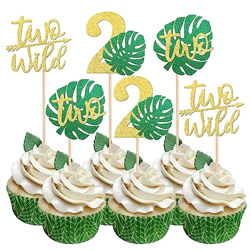 30 PCS Two Wild Cupcake Toppers Glitter Monstera Leaf Two Cupcake Picks Palm Leaves 2nd Birthday Cake Decorations for Jungle Safari Theme Baby Shower Kids Second Birthday Party Supplies