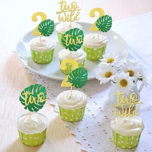 30 PCS Two Wild Cupcake Toppers Glitter Monstera Leaf Two Cupcake Picks Palm Leaves 2nd Birthday Cake Decorations for Jungle Safari Theme Baby Shower Kids Second Birthday Party Supplies