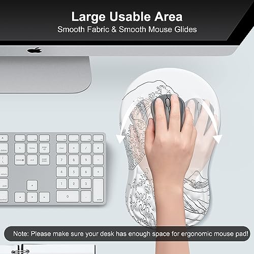 iCasso Ergonomic Mouse Pad Wrist Support, Wrist Rest, Comfortable Computer Gel Mouse Pad for Laptop, Memory Foam,Pain Relief Mousepad with Non-Slip PU Base for Office Home (White Wave of Kanagawa)