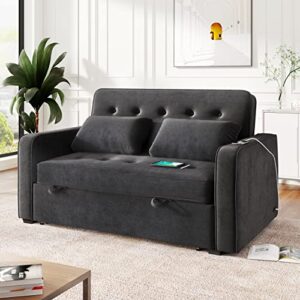 PURLOVE 65.7" Linen Pull Out Sleep Sofa Bed,Upholstered Sleeper Bed with Dual USB Charging Port,Loveseats Sofa Couch with Adjustable Backrest for Living Room Office