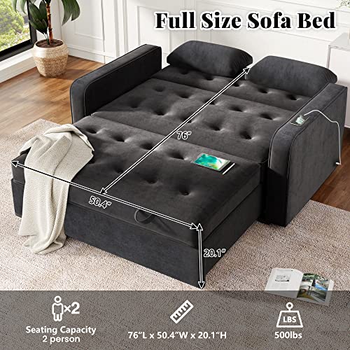 PURLOVE 65.7" Linen Pull Out Sleep Sofa Bed,Upholstered Sleeper Bed with Dual USB Charging Port,Loveseats Sofa Couch with Adjustable Backrest for Living Room Office