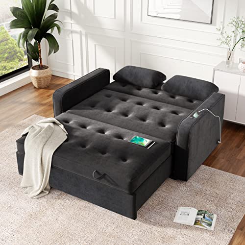 PURLOVE 65.7" Linen Pull Out Sleep Sofa Bed,Upholstered Sleeper Bed with Dual USB Charging Port,Loveseats Sofa Couch with Adjustable Backrest for Living Room Office