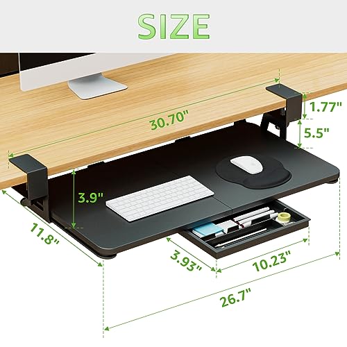 CALASK Desktop Keyboard Tray with Mouse Pad, Under Desk Pull Out, 26.77" X 11.81" Large Size Keyboard Tray with C-Clip Mount, Easy Installation, Computer Keyboard Stand, for Home Study and Office