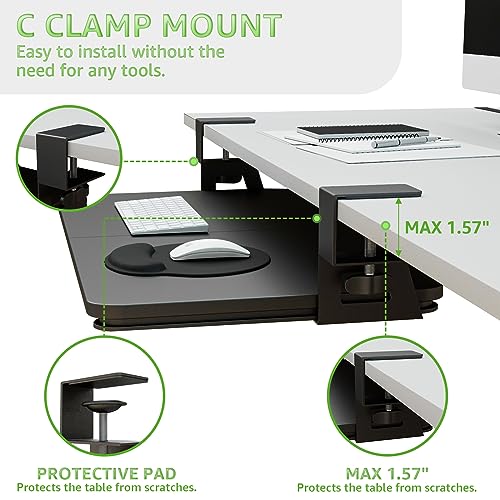 CALASK Desktop Keyboard Tray with Mouse Pad, Under Desk Pull Out, 26.77" X 11.81" Large Size Keyboard Tray with C-Clip Mount, Easy Installation, Computer Keyboard Stand, for Home Study and Office