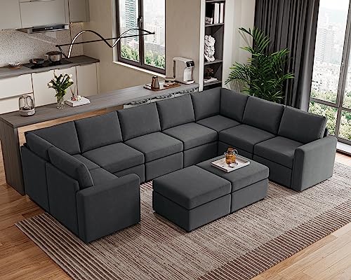 LINSY HOME Oversized Modular Sectional Sofa, Convertible Sectional Sofa Couch with Memory Foam, Modular Sleeper Sofa Covers Removable and Changeable, 10 Seat Sofa Sets for Living Room, Dark Grey