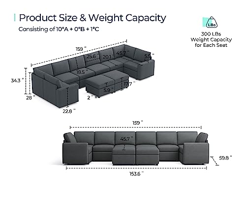 LINSY HOME Oversized Modular Sectional Sofa, Convertible Sectional Sofa Couch with Memory Foam, Modular Sleeper Sofa Covers Removable and Changeable, 10 Seat Sofa Sets for Living Room, Dark Grey