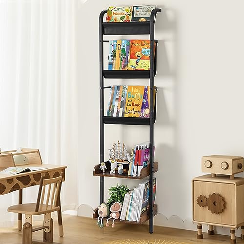 Keebofly Book Shelf,Bookshelf 5-Tiers,Book Shelf for Wall,Magazine Holder Magazine Display Rack,Vinyl Record Storage,Bookcase Storage Organizer for Bedroom Living Room Office Kid Room Classroom