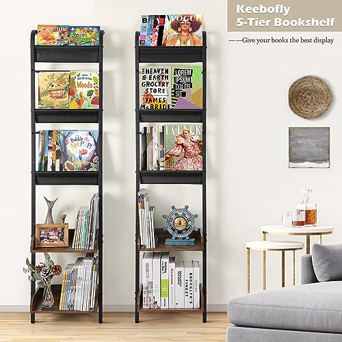 Keebofly Book Shelf,Bookshelf 5-Tiers,Book Shelf for Wall,Magazine Holder Magazine Display Rack,Vinyl Record Storage,Bookcase Storage Organizer for Bedroom Living Room Office Kid Room Classroom