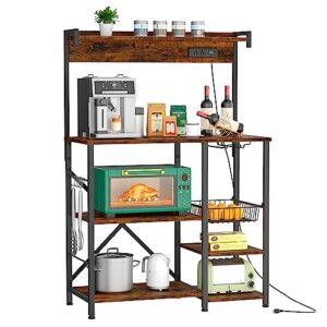 jamfly kitchen bakers rack with power outlet, coffee bar cabinet, kitchen cart, large microwave stands cart with 6 s-shaped hooks, wine glass holder and basket (35.43'', rustic brown)