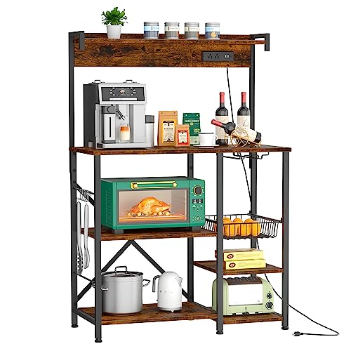 JAMFLY Kitchen Bakers Rack with Power Outlet, Coffee Bar Cabinet, Kitchen Cart, Large Microwave Stands Cart with 6 S-Shaped Hooks, Wine Glass Holder and Basket (35.43'', Rustic Brown)