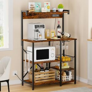 JAMFLY Kitchen Bakers Rack with Power Outlet, Coffee Bar Cabinet, Kitchen Cart, Large Microwave Stands Cart with 6 S-Shaped Hooks, Wine Glass Holder and Basket (35.43'', Rustic Brown)