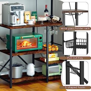 JAMFLY Kitchen Bakers Rack with Power Outlet, Coffee Bar Cabinet, Kitchen Cart, Large Microwave Stands Cart with 6 S-Shaped Hooks, Wine Glass Holder and Basket (35.43'', Rustic Brown)