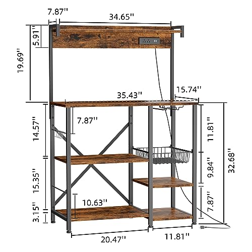 JAMFLY Kitchen Bakers Rack with Power Outlet, Coffee Bar Cabinet, Kitchen Cart, Large Microwave Stands Cart with 6 S-Shaped Hooks, Wine Glass Holder and Basket (35.43'', Rustic Brown)