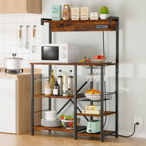 JAMFLY Kitchen Bakers Rack with Power Outlet, Coffee Bar Cabinet, Kitchen Cart, Large Microwave Stands Cart with 6 S-Shaped Hooks, Wine Glass Holder and Basket (35.43'', Rustic Brown)