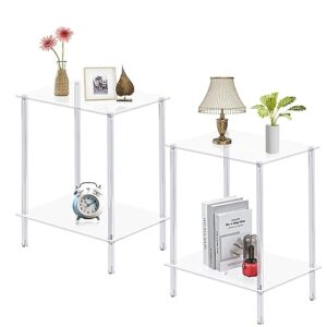 ircpen acrylic side tables with 2 shelve, end table set of 2, nightstands for tight spaces, 2-tier tempered glass bedside table for office, bedroom, living room, study, outdoor (2, transparent)