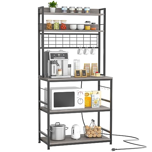 JAMFLY Kitchen Bakers Rack with Power Outlet, Coffee Bar Cabinet, Kitchen Racks with Storage Cabinet, 5-Tier Microwave Stand with 10 Hooks and Metal Wire Panel (31.5'', Gray)