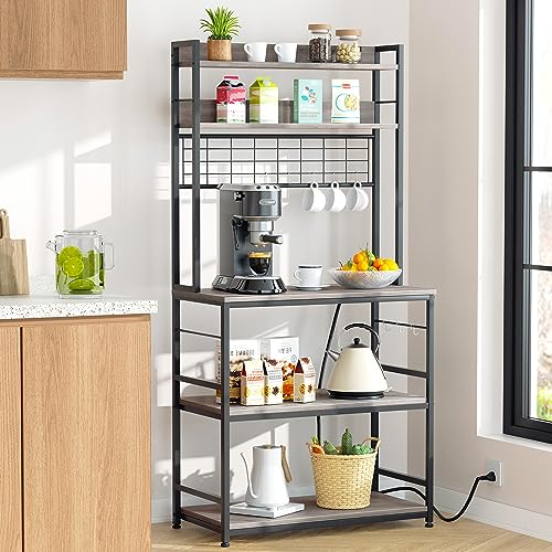 JAMFLY Kitchen Bakers Rack with Power Outlet, Coffee Bar Cabinet, Kitchen Racks with Storage Cabinet, 5-Tier Microwave Stand with 10 Hooks and Metal Wire Panel (31.5'', Gray)