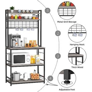 JAMFLY Kitchen Bakers Rack with Power Outlet, Coffee Bar Cabinet, Kitchen Racks with Storage Cabinet, 5-Tier Microwave Stand with 10 Hooks and Metal Wire Panel (31.5'', Gray)