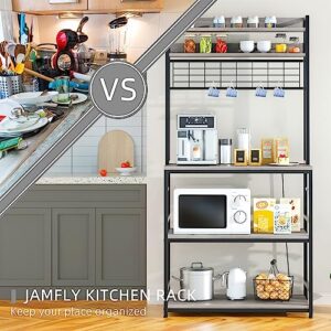 JAMFLY Kitchen Bakers Rack with Power Outlet, Coffee Bar Cabinet, Kitchen Racks with Storage Cabinet, 5-Tier Microwave Stand with 10 Hooks and Metal Wire Panel (31.5'', Gray)