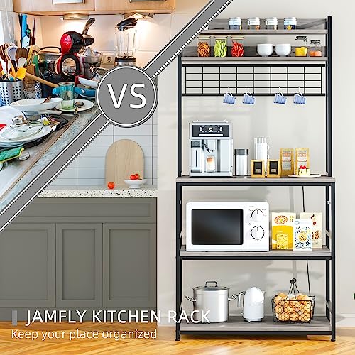 JAMFLY Kitchen Bakers Rack with Power Outlet, Coffee Bar Cabinet, Kitchen Racks with Storage Cabinet, 5-Tier Microwave Stand with 10 Hooks and Metal Wire Panel (31.5'', Gray)