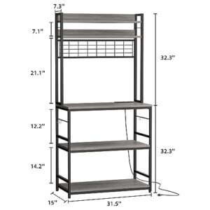 JAMFLY Kitchen Bakers Rack with Power Outlet, Coffee Bar Cabinet, Kitchen Racks with Storage Cabinet, 5-Tier Microwave Stand with 10 Hooks and Metal Wire Panel (31.5'', Gray)