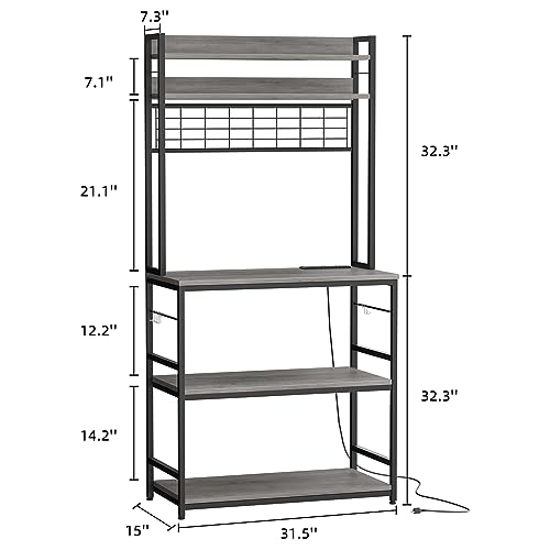 JAMFLY Kitchen Bakers Rack with Power Outlet, Coffee Bar Cabinet, Kitchen Racks with Storage Cabinet, 5-Tier Microwave Stand with 10 Hooks and Metal Wire Panel (31.5'', Gray)