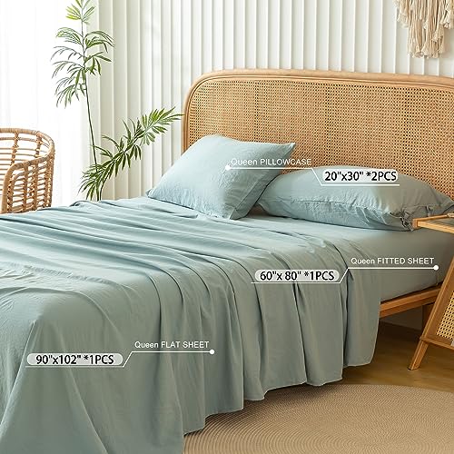 COTTEBED Vintage Boho Washed Polycotton Queen Bed Sheets - Ultra-Soft Sage Green Queen Sized Bedding Sets, Burshed Cozy Lightweight Western Warmth Tech for All Seasons Use, Deep Pockets Up to 16 Inch