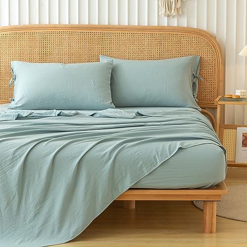 COTTEBED Vintage Boho Washed Polycotton Queen Bed Sheets - Ultra-Soft Sage Green Queen Sized Bedding Sets, Burshed Cozy Lightweight Western Warmth Tech for All Seasons Use, Deep Pockets Up to 16 Inch