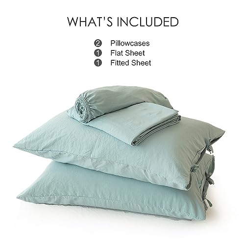 COTTEBED Vintage Boho Washed Polycotton Queen Bed Sheets - Ultra-Soft Sage Green Queen Sized Bedding Sets, Burshed Cozy Lightweight Western Warmth Tech for All Seasons Use, Deep Pockets Up to 16 Inch