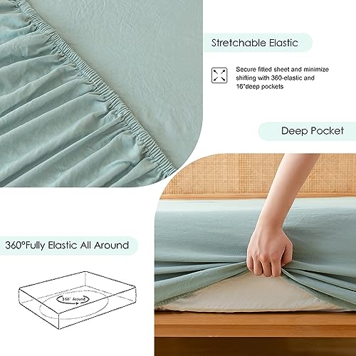 COTTEBED Vintage Boho Washed Polycotton Queen Bed Sheets - Ultra-Soft Sage Green Queen Sized Bedding Sets, Burshed Cozy Lightweight Western Warmth Tech for All Seasons Use, Deep Pockets Up to 16 Inch