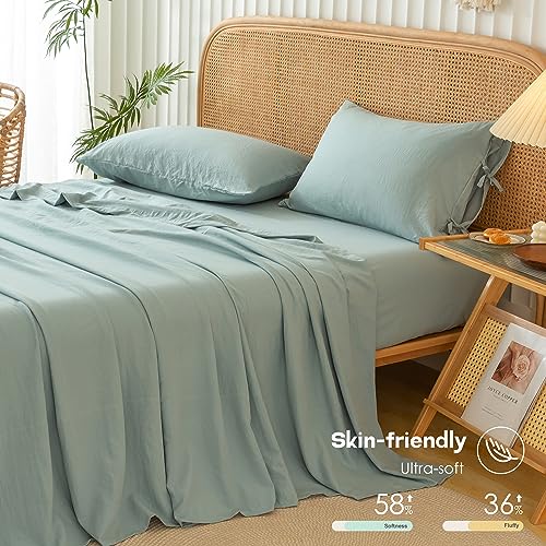 COTTEBED Vintage Boho Washed Polycotton Queen Bed Sheets - Ultra-Soft Sage Green Queen Sized Bedding Sets, Burshed Cozy Lightweight Western Warmth Tech for All Seasons Use, Deep Pockets Up to 16 Inch