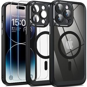 oneagle magnetic for iphone 14 pro max case clear, [compatible with magsafe][30x anti-yellow][built-in lens protector][metal lens frame],14 pro max phone case with 2 screen protectors(black)