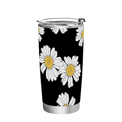 Kigai Stainless Steel Water Bottles Tumbler with Lids & Straws Vacuum Insulated Leak Proof Travel coffee Mug BPA FREE Smoothie Cup 12 OZ, Black White Daisy