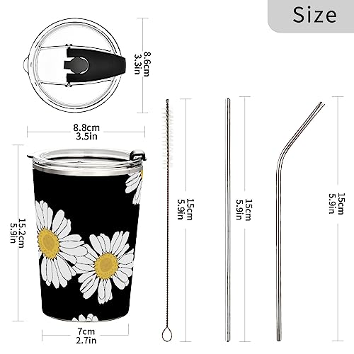 Kigai Stainless Steel Water Bottles Tumbler with Lids & Straws Vacuum Insulated Leak Proof Travel coffee Mug BPA FREE Smoothie Cup 12 OZ, Black White Daisy